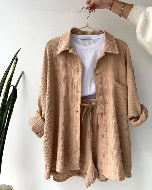 Solid Pleated Two Piece Set For Women 2023 Summer Women's Two Piece Casual Long Sleeve Short Sets Fashion Button Outfits Suit