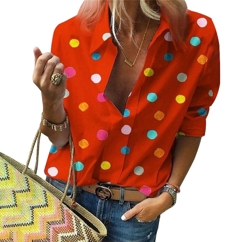 Polka Dot Blouse Women Turn Down Collar Long Sleeve  Shirts