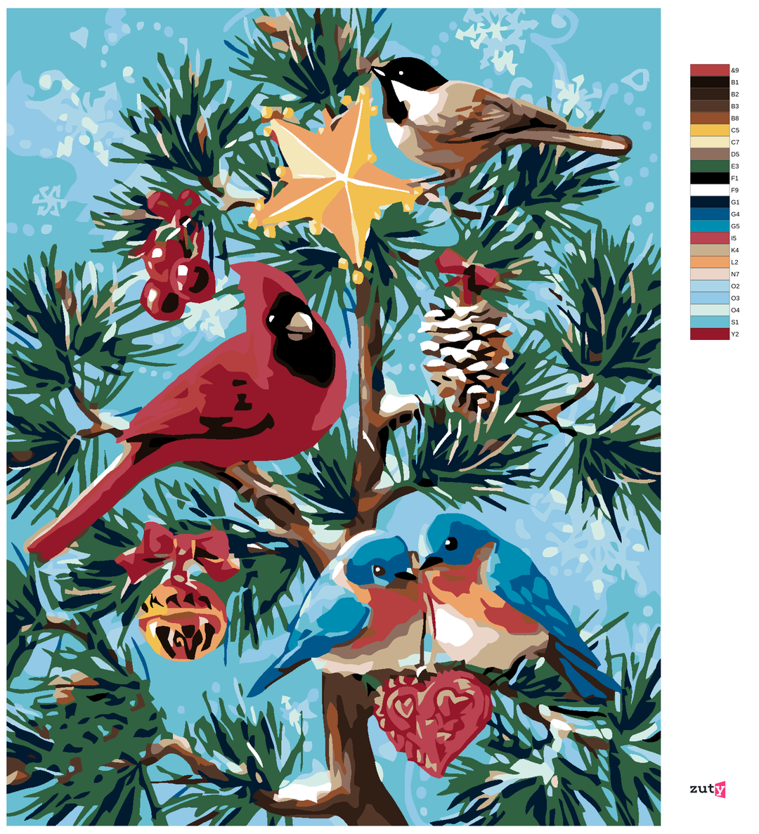 Paint by Numbers - BIRDS AND A CHRISTMAS TREE