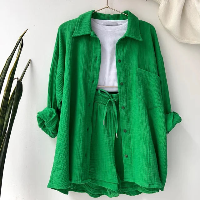 Solid Pleated Two Piece Set For Women 2023 Summer Women's Two Piece Casual Long Sleeve Short Sets Fashion Button Outfits Suit