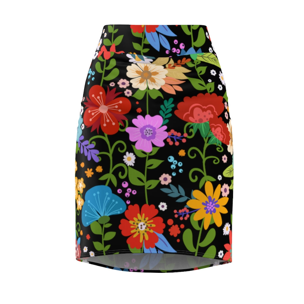 Womens Pencil Skirt, High Waist Stretch, Multicolor Floral Print,