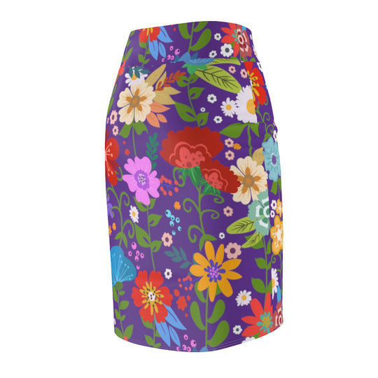 Womens Pencil Skirt, High Waist Stretch, Multicolor Floral Print,