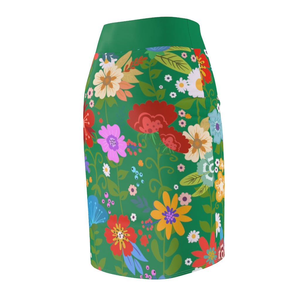 Womens Pencil Skirt, High Waist Stretch, Multicolor Floral Print,