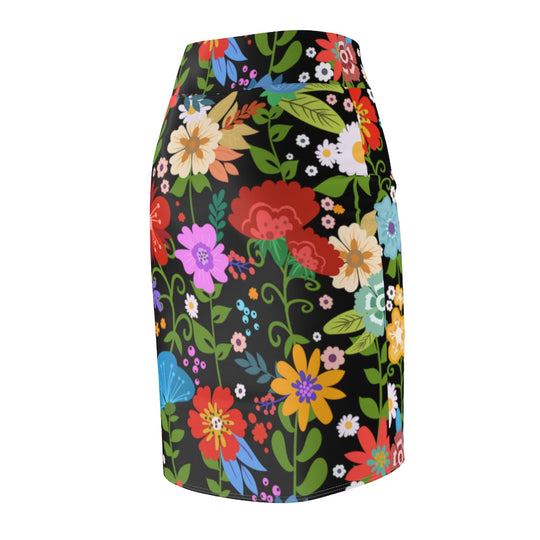 Womens Pencil Skirt, High Waist Stretch, Multicolor Floral Print,