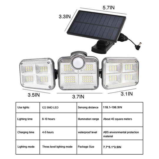 Solarsensorleuchte 122 LED 3-Kopf-Außenstrahler mit 3 Modi