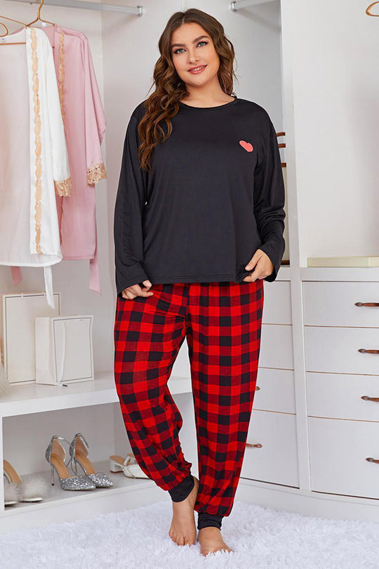 Conjunto de estar por casa con top con gráfico de corazón y joggers de cuadros de talla grande