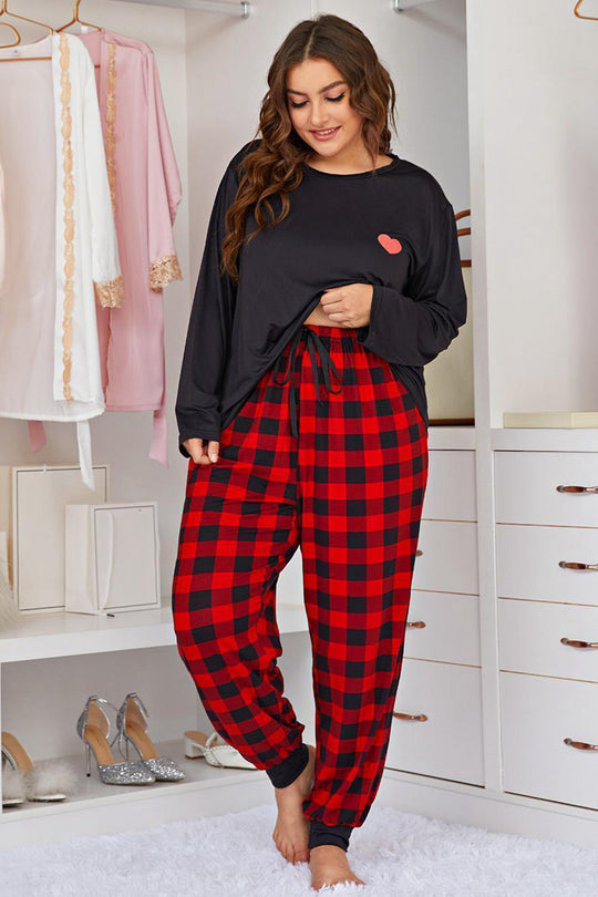 Conjunto de estar por casa con top con gráfico de corazón y joggers de cuadros de talla grande