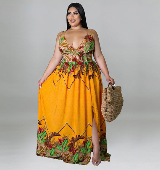 Plus Size Damen Blumen-Spaghettiträger, V-Ausschnitt, hohe Taille, Boho-Maxi