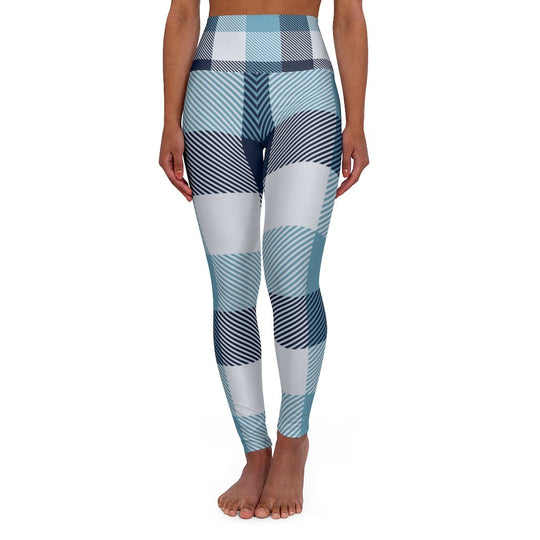 Damen-Yogahose, blau-weiß karierter Druck, hohe Taille, Fitness