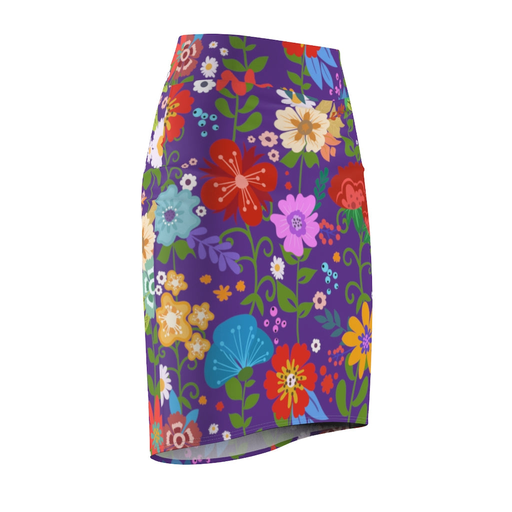 Womens Pencil Skirt, High Waist Stretch, Multicolor Floral Print,