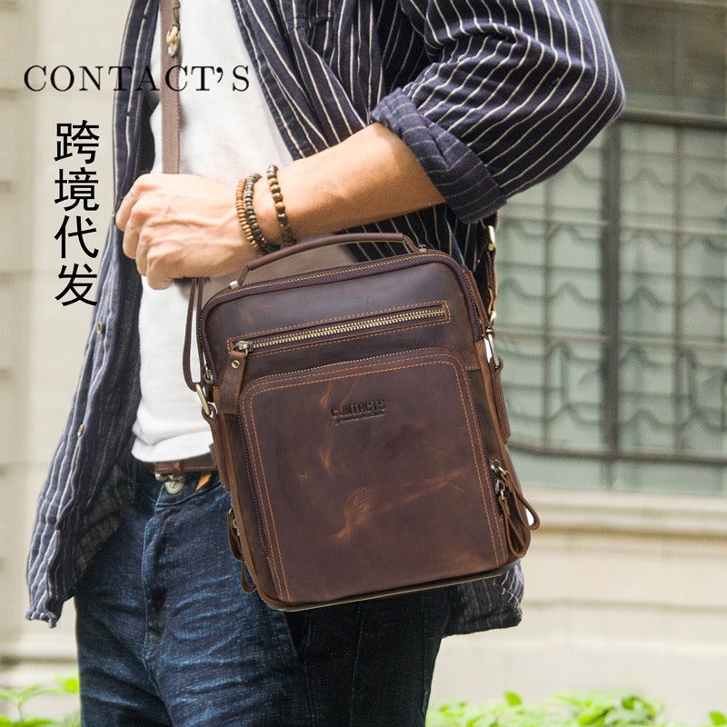 Bolso cruzado Retro de piel de vaca Crazy Horse para hombre, bolso de hombro de mano de cuero de doble uso informal multifuncional para hombre