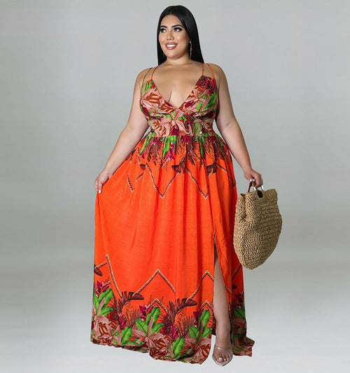 Tallas grandes Mujer Floral Correa espagueti Cuello en V Cintura alta Boho Maxi