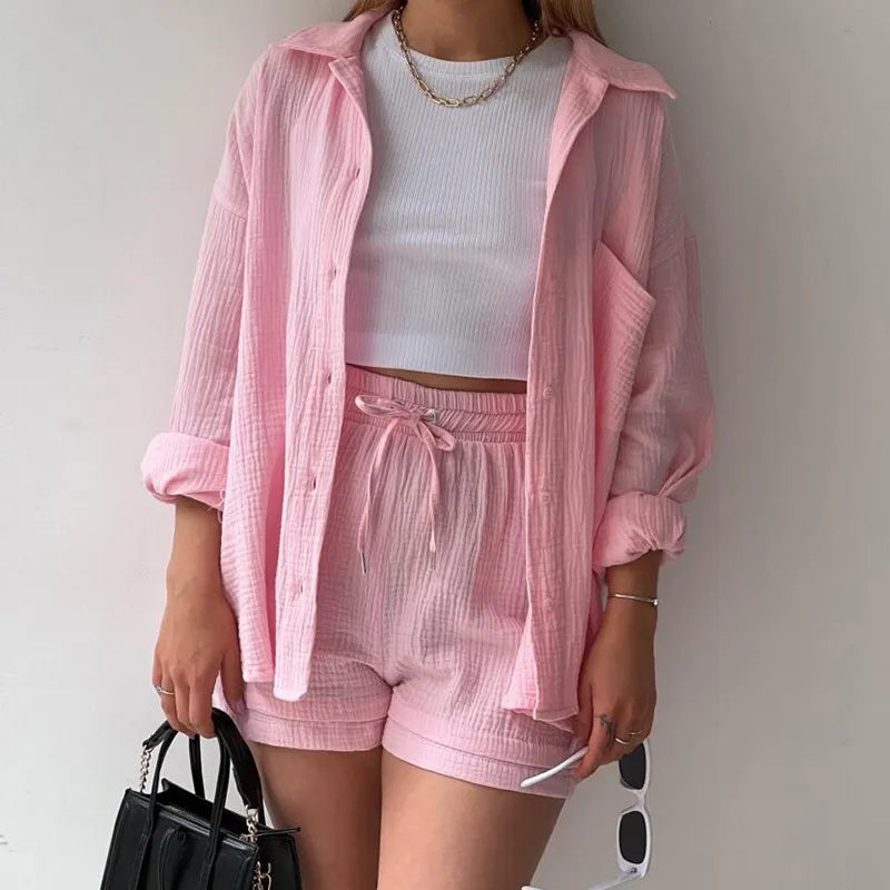 Solid Pleated Two Piece Set For Women 2023 Summer Women's Two Piece Casual Long Sleeve Short Sets Fashion Button Outfits Suit