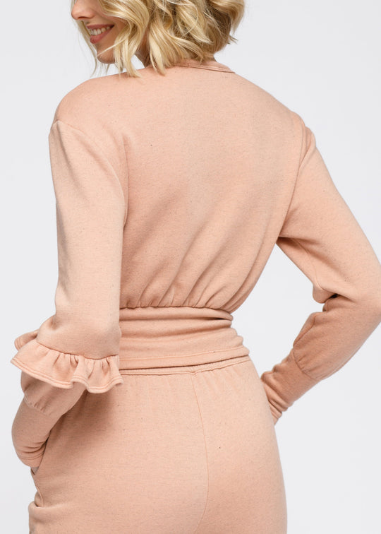 Crewneck Ruffle Sleeve Peplum Sweatshirt In Peach