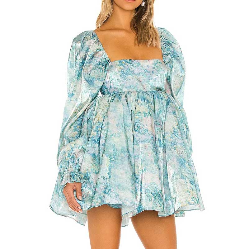 Retro Blue Print Organza Ball Gown Dress Puff Sleeve Mini Dress