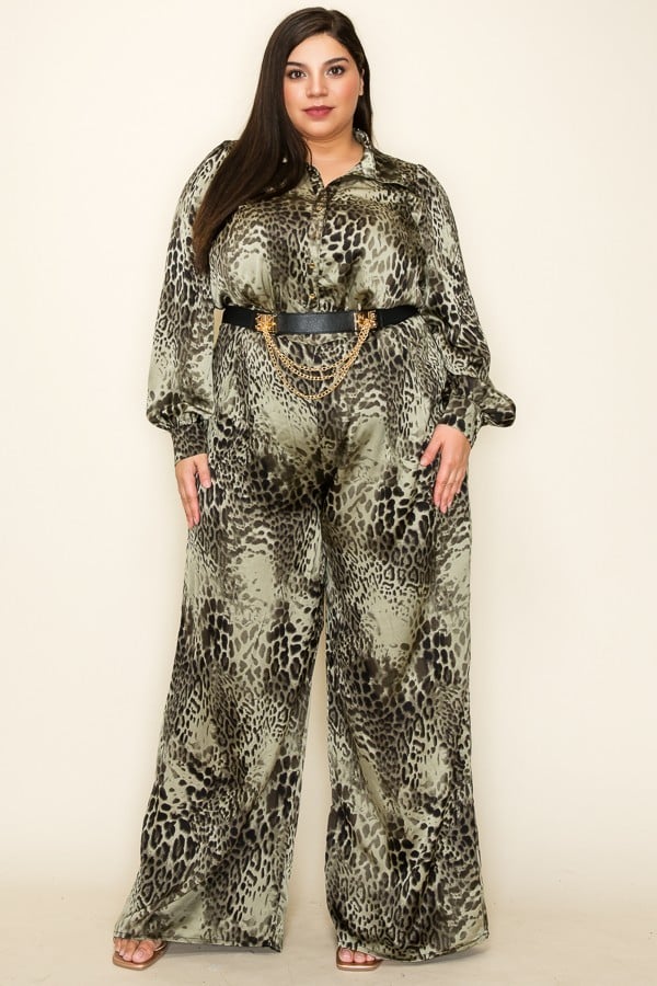 Satin-Leoparden-Langarm-Palazzo-Jumpsuit mit Knopfleiste