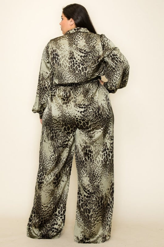 Satin-Leoparden-Langarm-Palazzo-Jumpsuit mit Knopfleiste