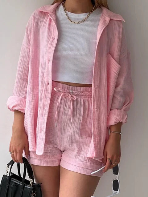 Solid Pleated Two Piece Set For Women 2023 Summer Women's Two Piece Casual Long Sleeve Short Sets Fashion Button Outfits Suit