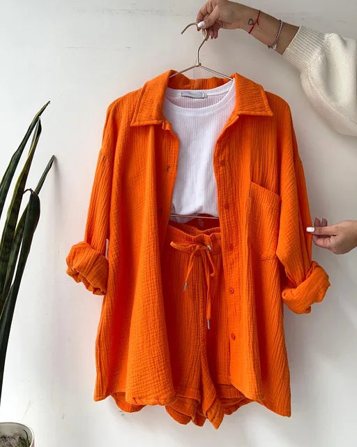 Solid Pleated Two Piece Set For Women 2023 Summer Women's Two Piece Casual Long Sleeve Short Sets Fashion Button Outfits Suit