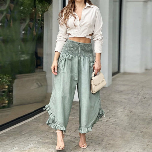 Conjunto de pantalones largos de pierna ancha con volantes y top corto de primavera 