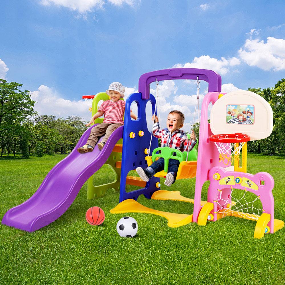 Keezi Kids 7-in-1 Slide Swing with Basketball Hoop Toddler Outdoor