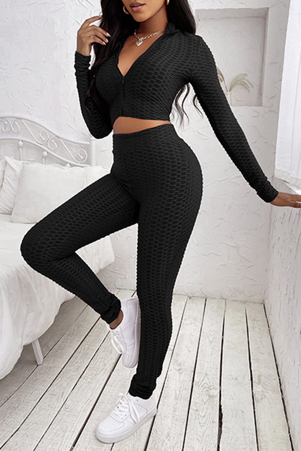 Schwarzes zweiteiliges Crop-Top und Leggings mit hoher Taille für Yoga-Kleidung