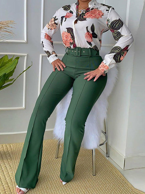 Leaf Print Buttoned Shirt & High Waist Pants Outfits