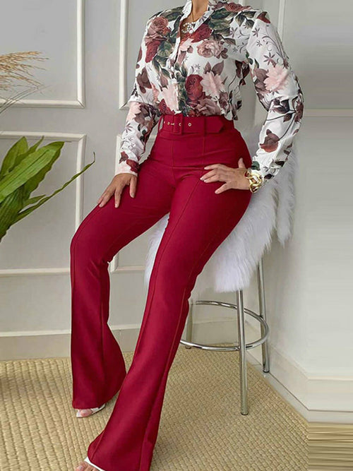 Leaf Print Buttoned Shirt & High Waist Pants Outfits