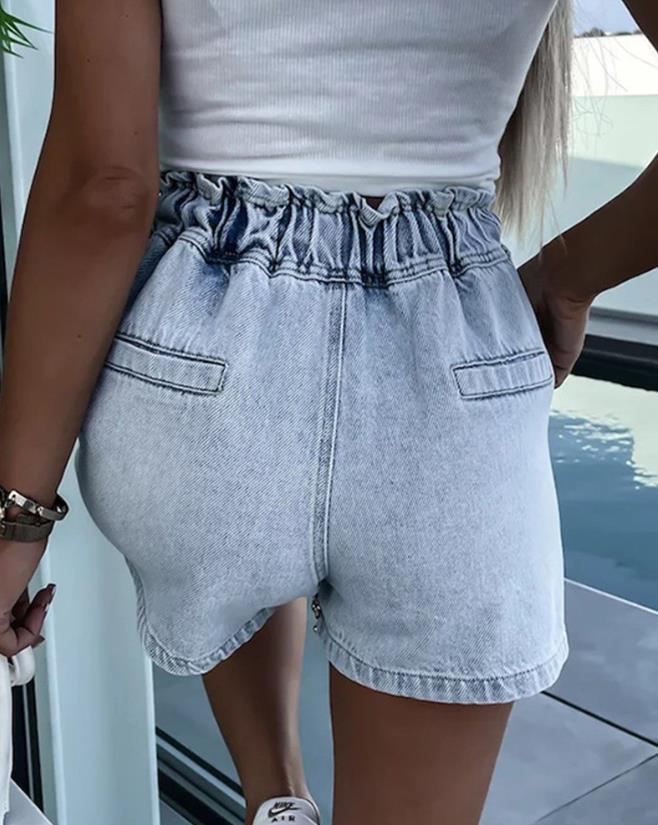 Shorts vaqueros de cintura alta con diseño de bolsillo con diamantes de imitación 