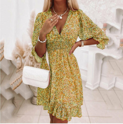 Printed Short Sleeve Bubble Sleeve Dress