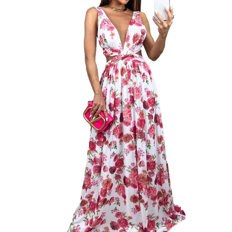 Deep V-neck Printed High Waist Dress