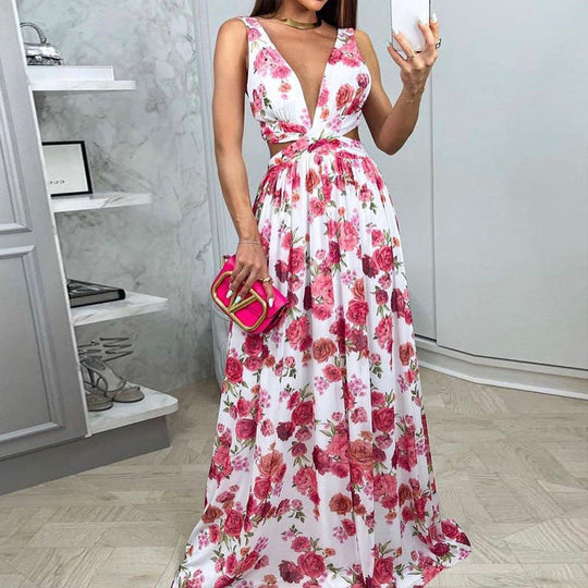 Deep V-neck Printed High Waist Dress