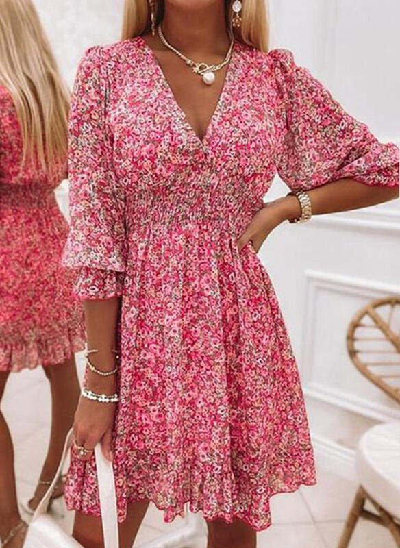 Printed Short Sleeve Bubble Sleeve Dress