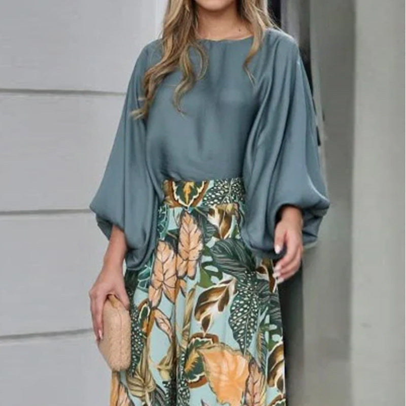 Lantern Sleeve Loose Top Wide Leg Pants Two Piece