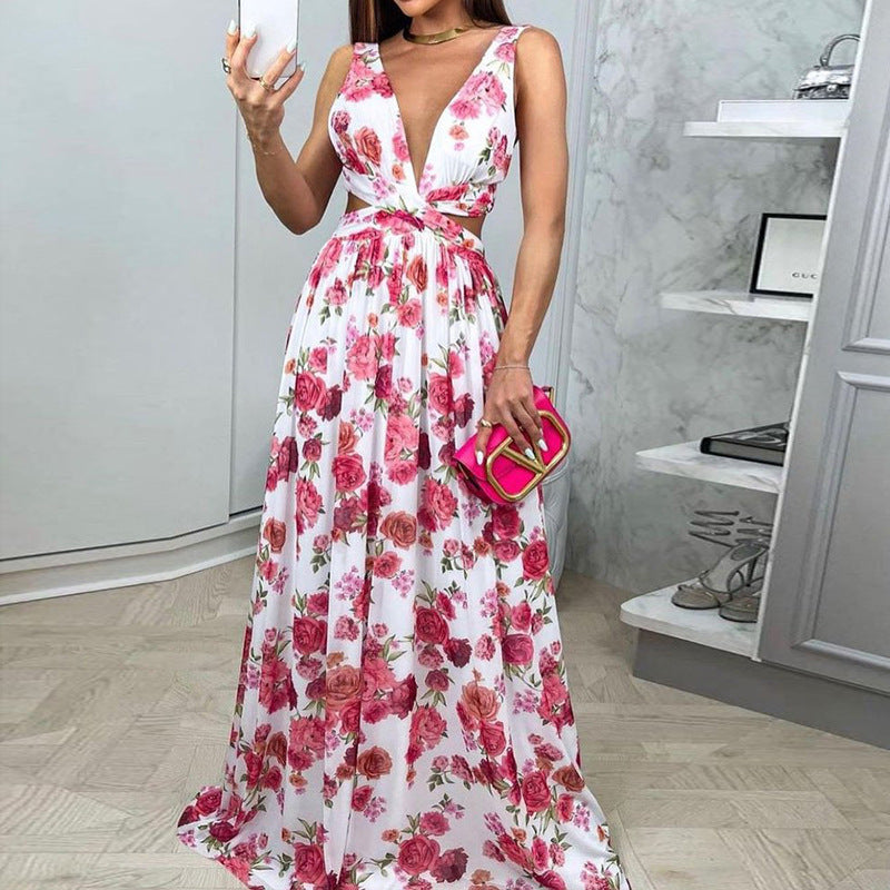 Deep V-neck Printed High Waist Dress