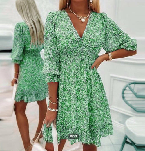 Printed Short Sleeve Bubble Sleeve Dress