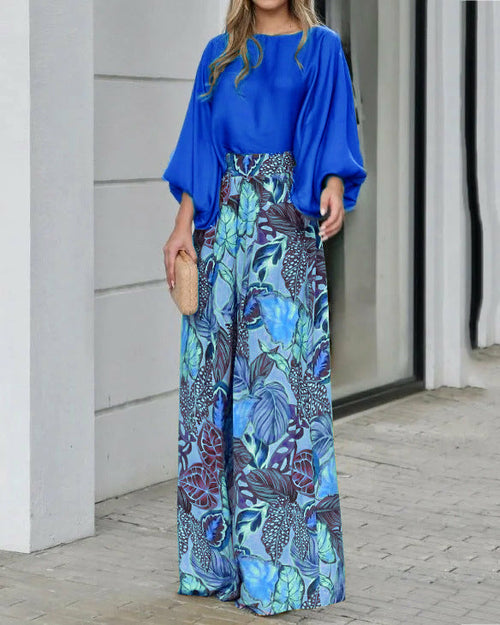 Lantern Sleeve Loose Top Wide Leg Pants Two Piece