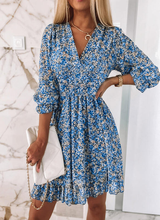 Printed Short Sleeve Bubble Sleeve Dress