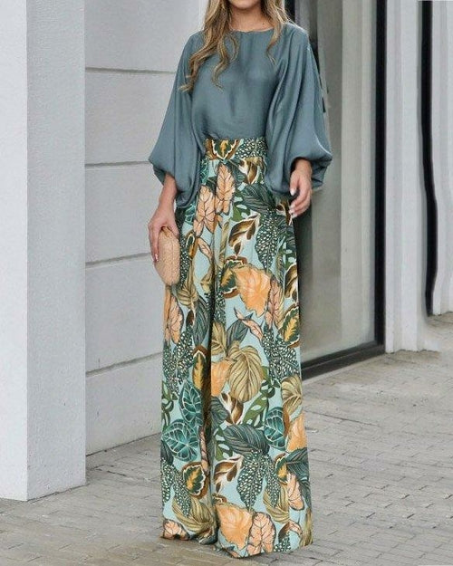 Lantern Sleeve Loose Top Wide Leg Pants Two Piece