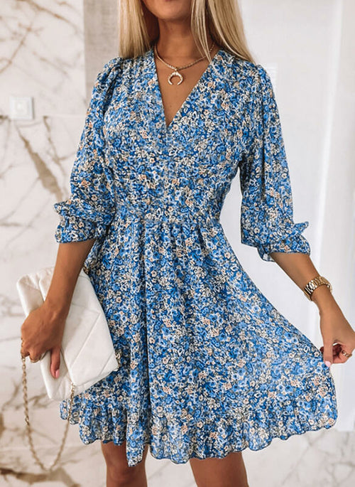 Printed Short Sleeve Bubble Sleeve Dress