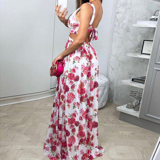 Deep V-neck Printed High Waist Dress