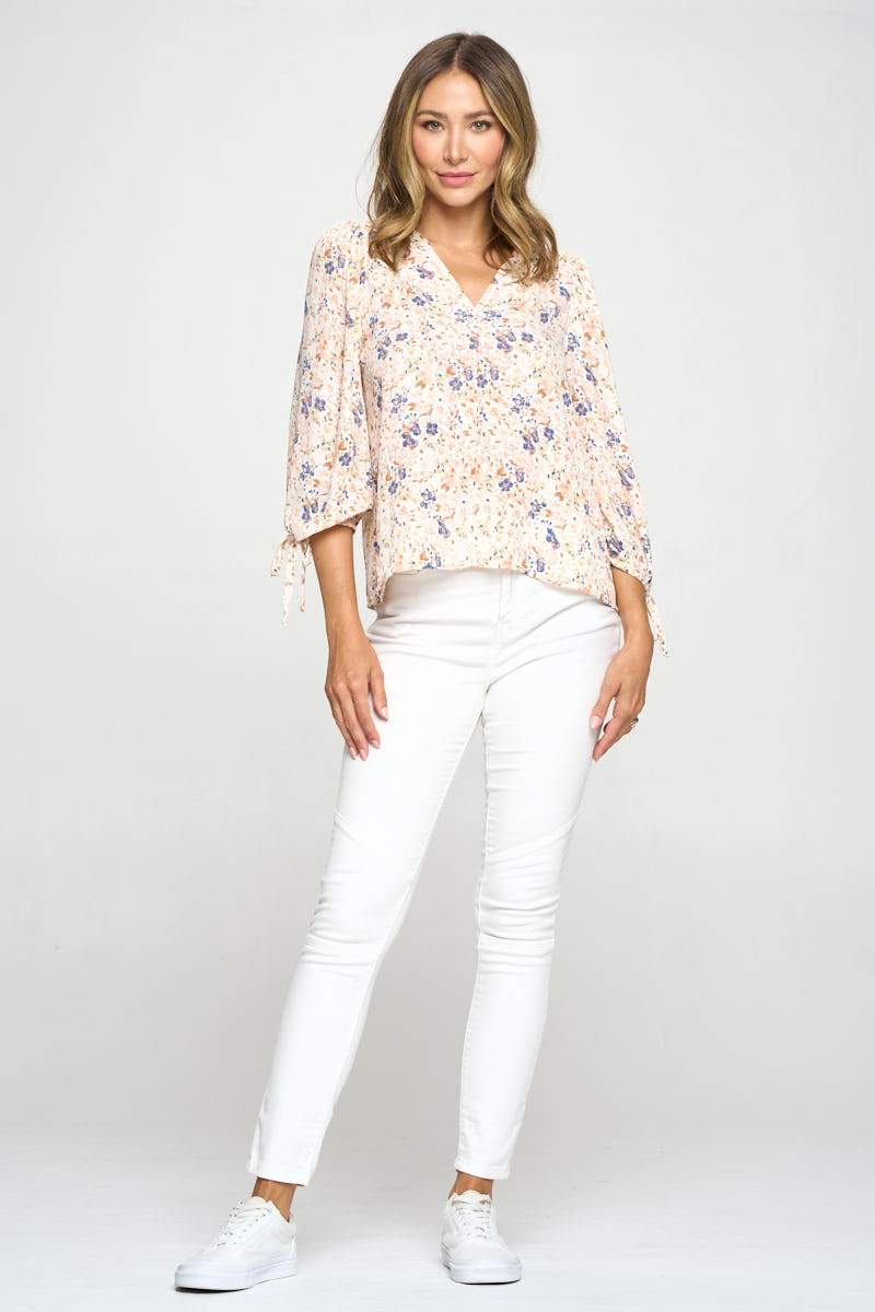 Floral Print Top with Self Tie Sleeves