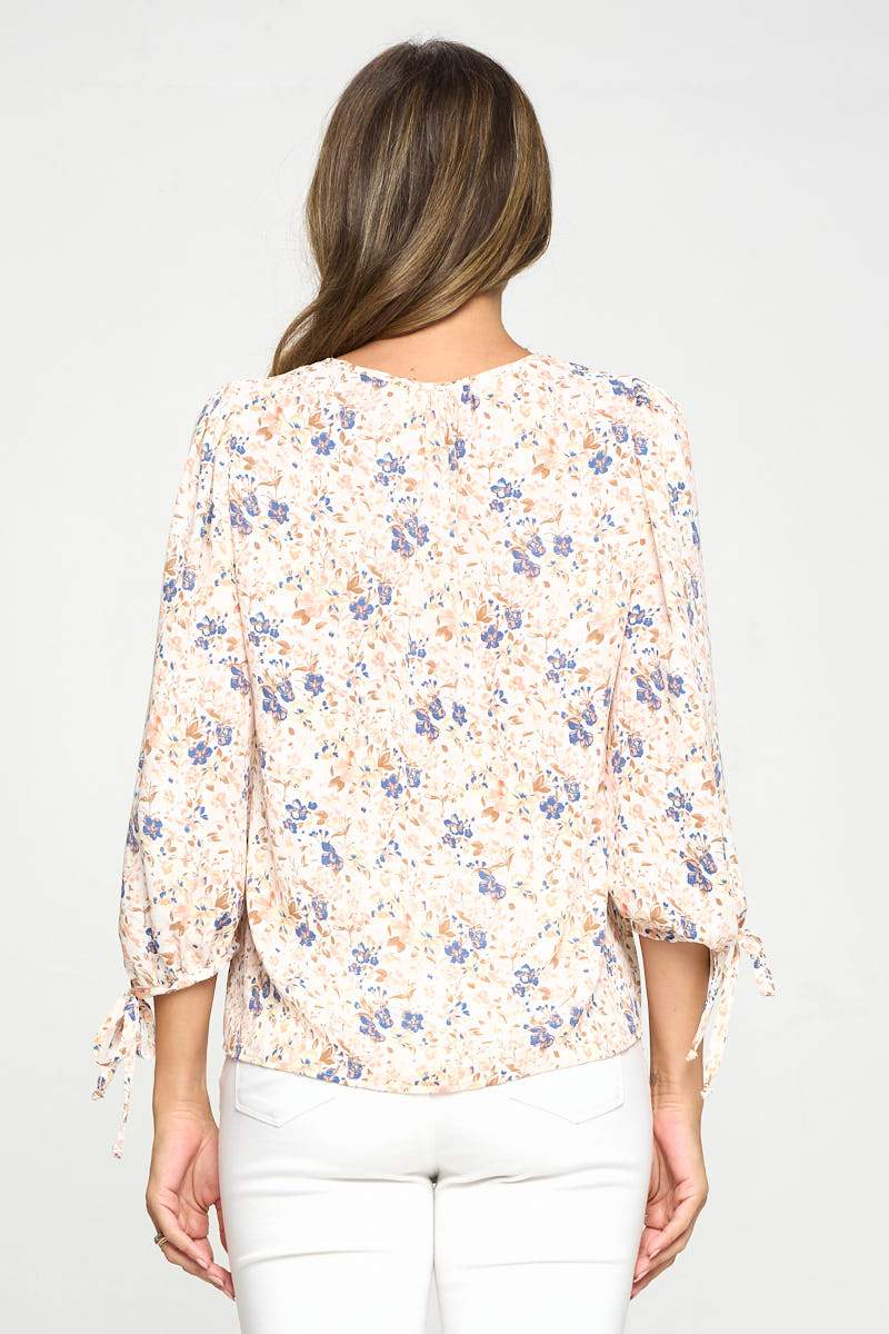 Floral Print Top with Self Tie Sleeves