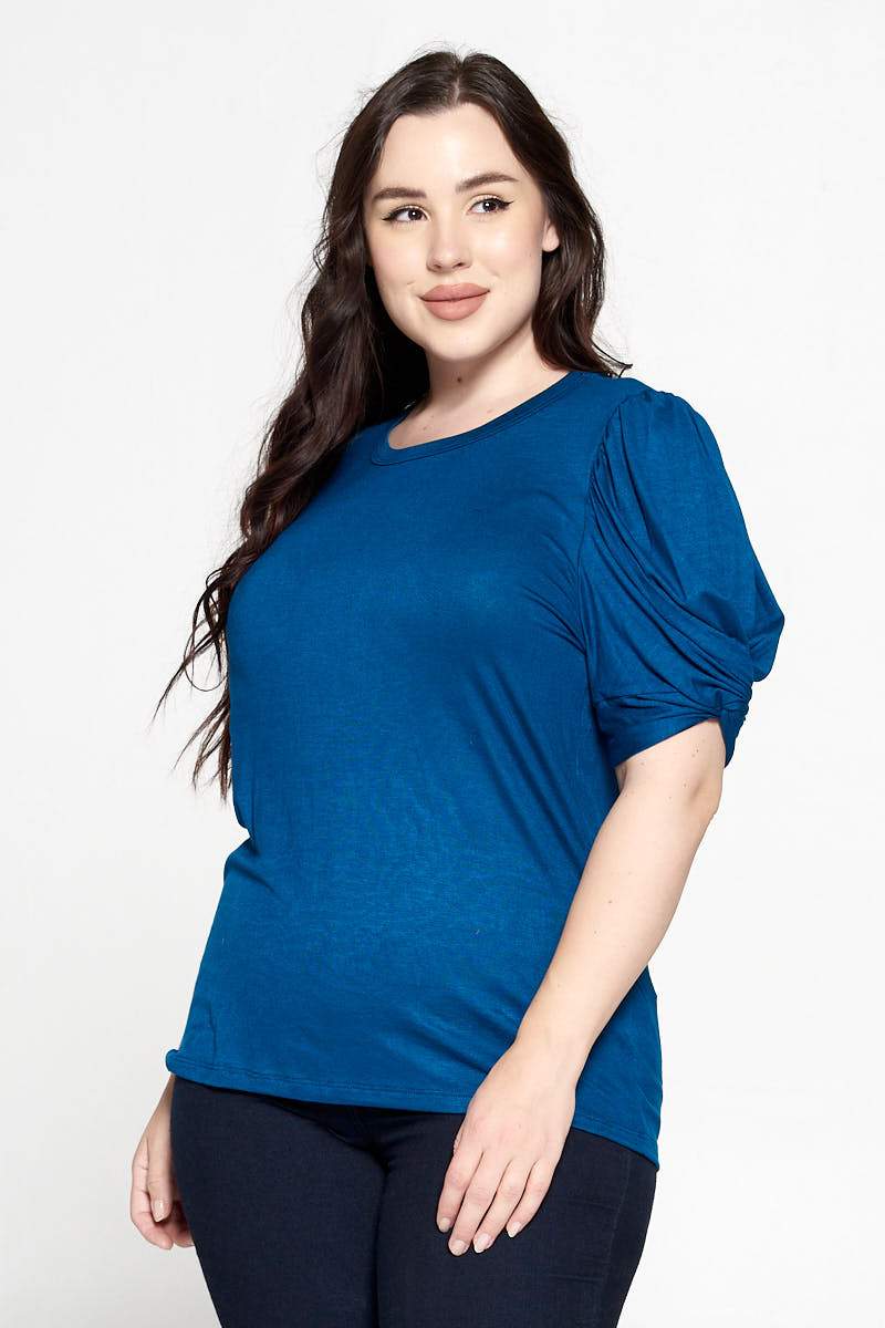 Solid Short Sleeve Top with Scrunched Sleeves