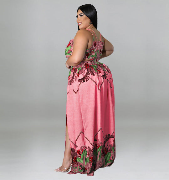 Plus Size Damen Blumen-Spaghettiträger, V-Ausschnitt, hohe Taille, Boho-Maxi