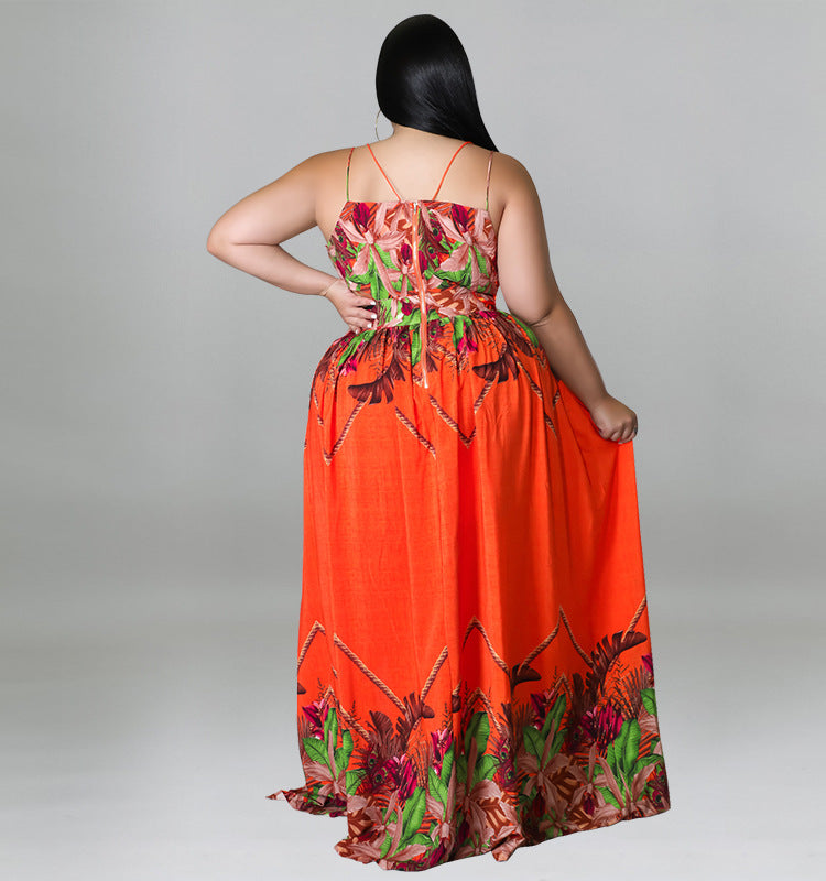 Plus Size Damen Blumen-Spaghettiträger, V-Ausschnitt, hohe Taille, Boho-Maxi