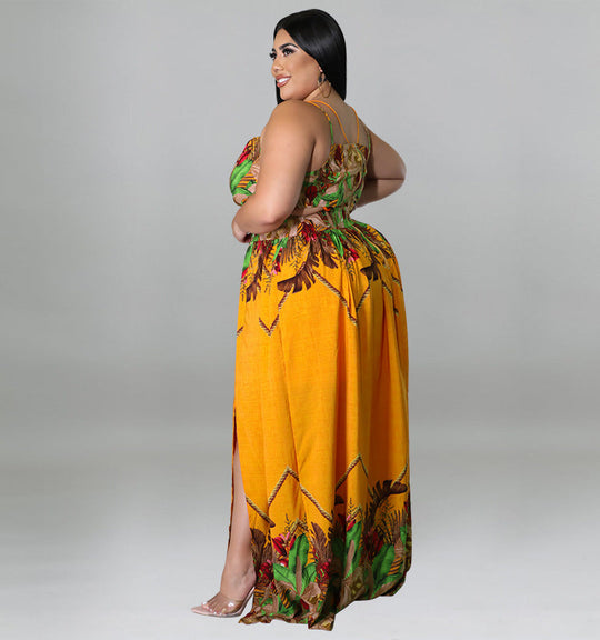 Plus Size Damen Blumen-Spaghettiträger, V-Ausschnitt, hohe Taille, Boho-Maxi