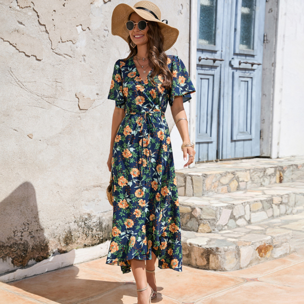 Vestido floral de verano estilo cruzado para mujer con volantes