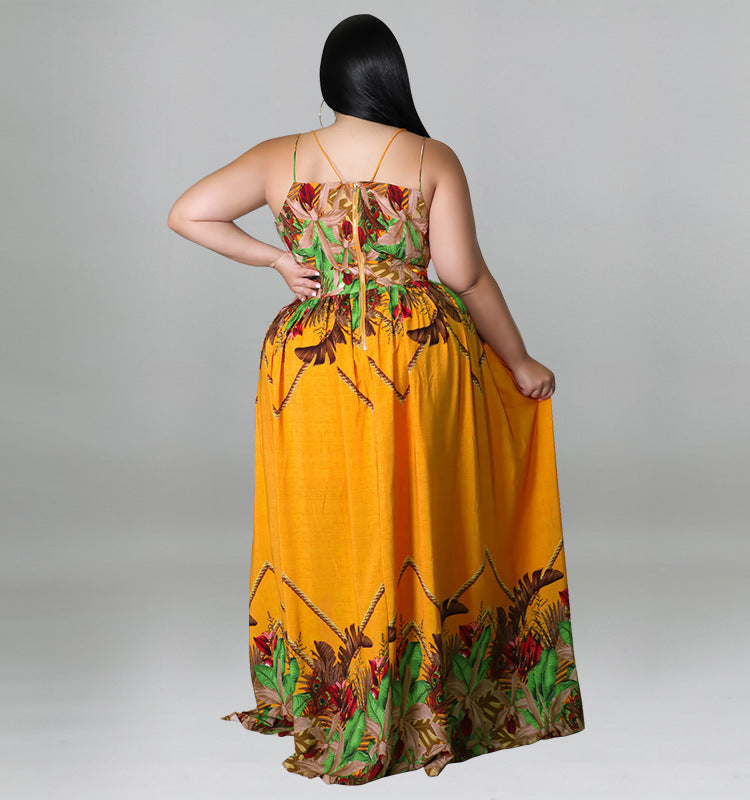 Plus Size Damen Blumen-Spaghettiträger, V-Ausschnitt, hohe Taille, Boho-Maxi