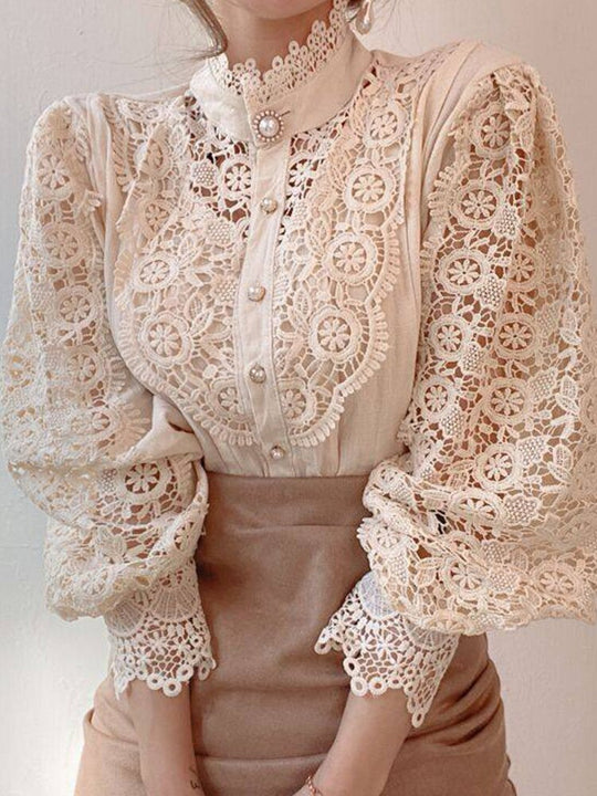 Apricot White Lace Women Vintage Blouse Shirt